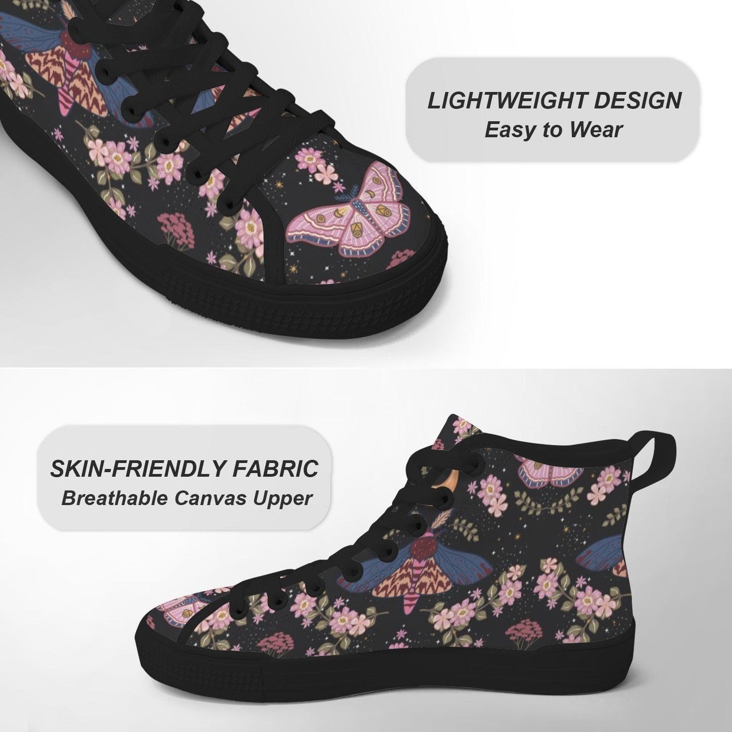 Black Floral High Top Sneakers, Pink Blossom Moth Print Canvas Shoes