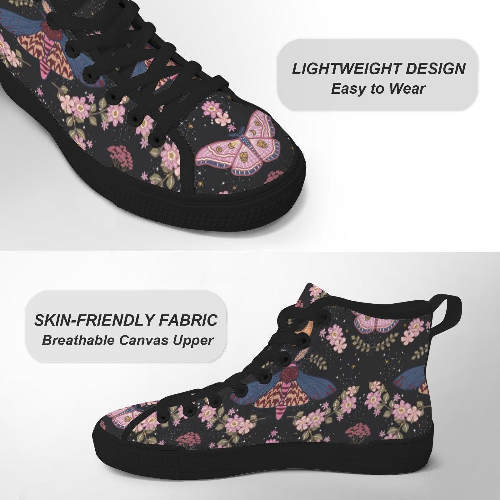 Black Floral High Top Sneakers, Pink Blossom Moth Print Canvas Shoes