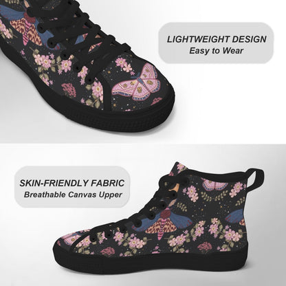 Black Floral High Top Sneakers, Pink Blossom Moth Print Canvas Shoes