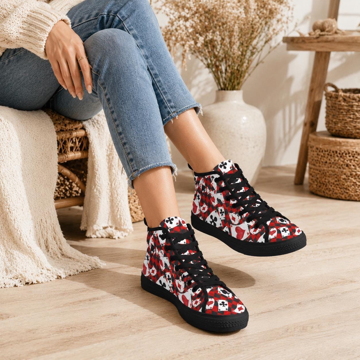 Playing Card High Top Sneakers, Red Black Suit Print Lace Up Shoes
