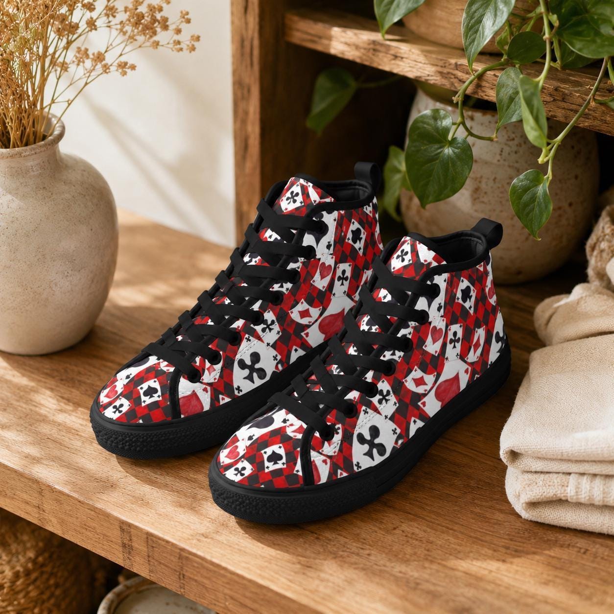 Playing Card High Top Sneakers, Red Black Suit Print Lace Up Shoes