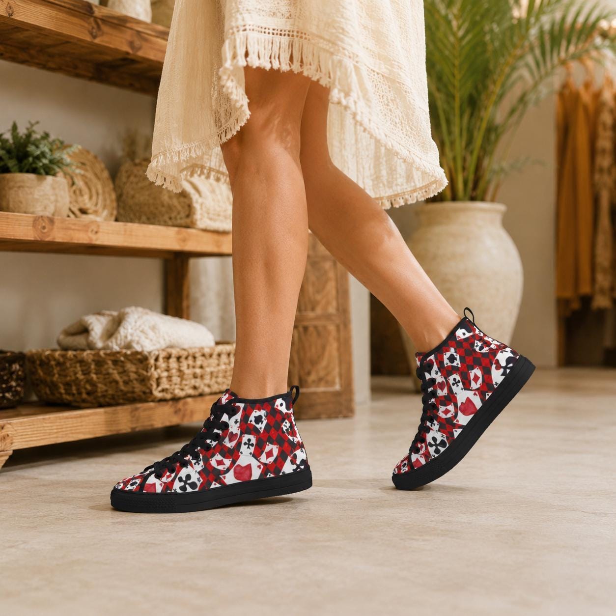 Playing Card High Top Sneakers, Red Black Suit Print Lace Up Shoes