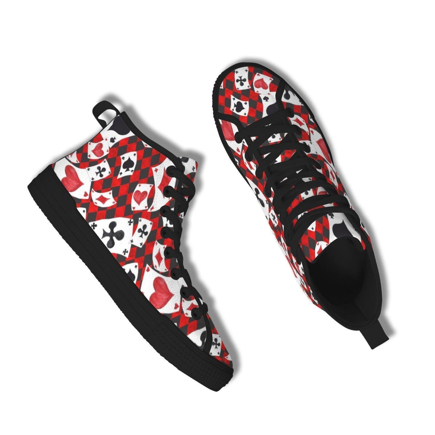Playing Card High Top Sneakers, Red Black Suit Print Lace Up Shoes