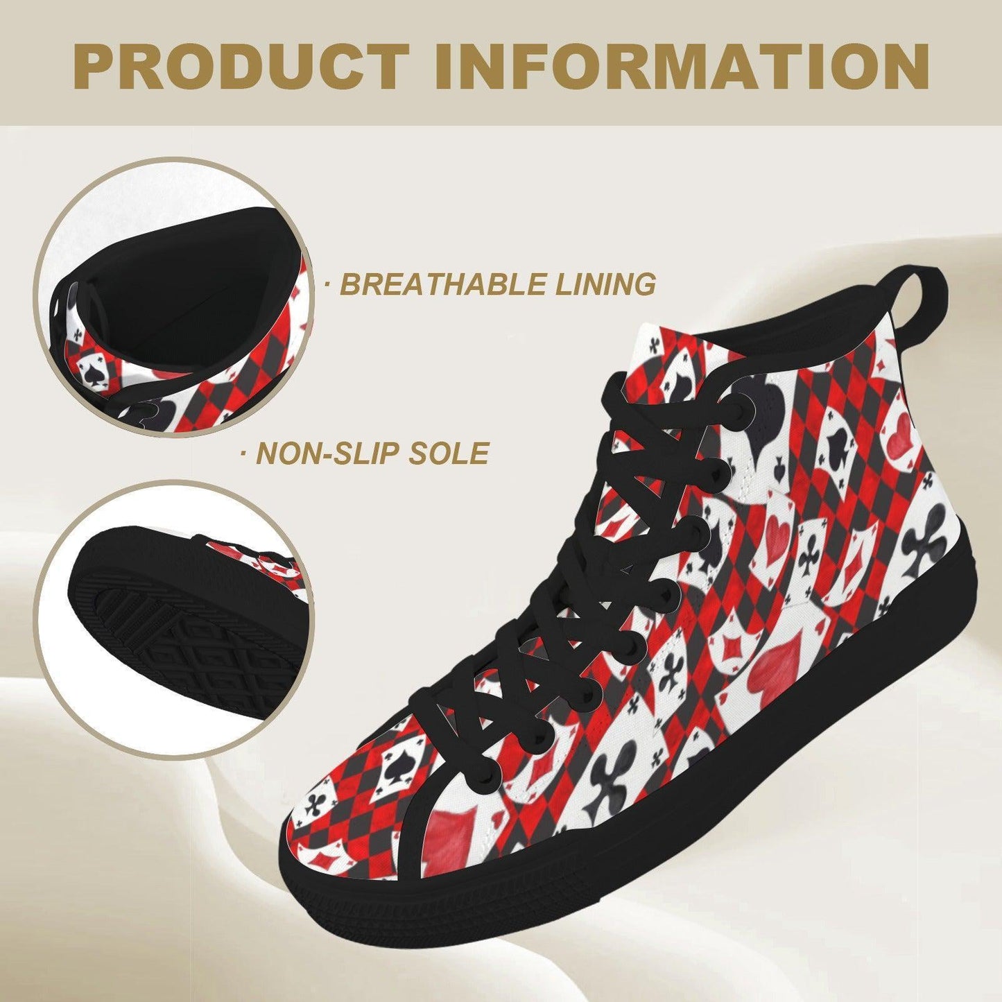 Playing Card High Top Sneakers, Red Black Suit Print Lace Up Shoes