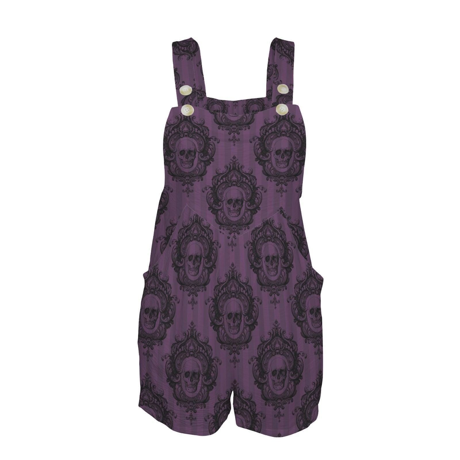 Gothic Skull Romper, Purple Damask Print, Witchy Summer Playsuit Festival Concerts