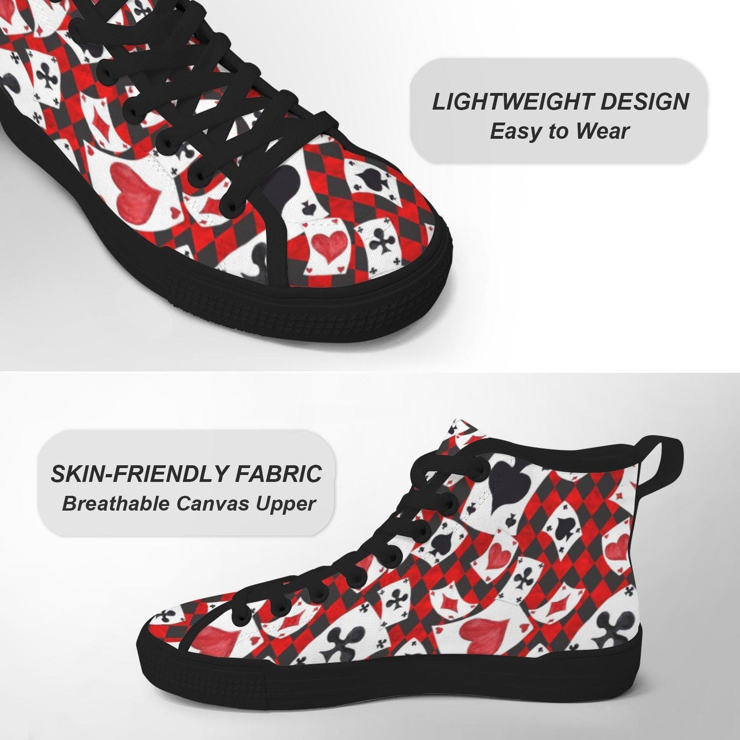 Playing Card High Top Sneakers, Red Black Suit Print Lace Up Shoes