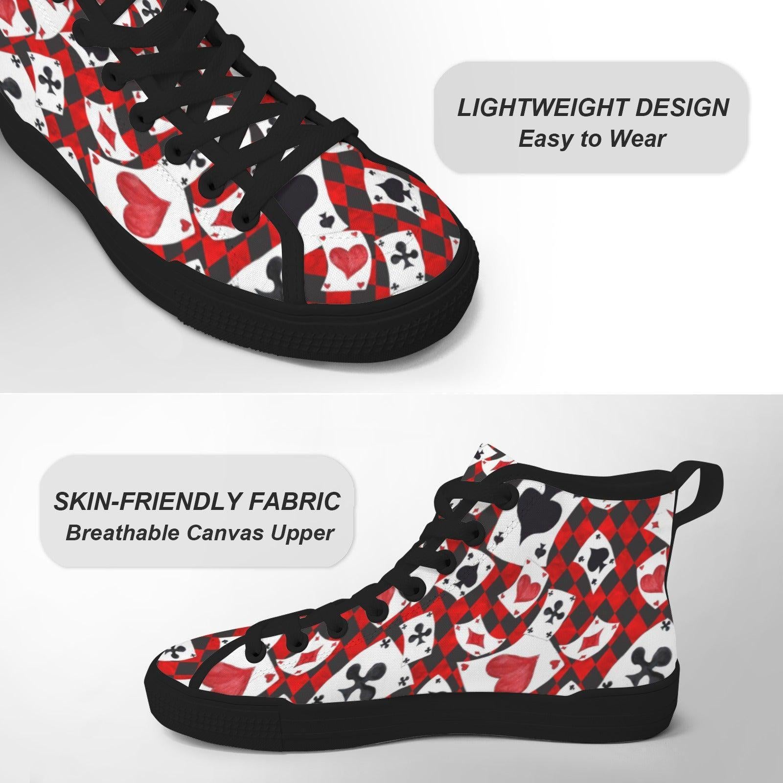 Playing Card High Top Sneakers, Red Black Suit Print Lace Up Shoes