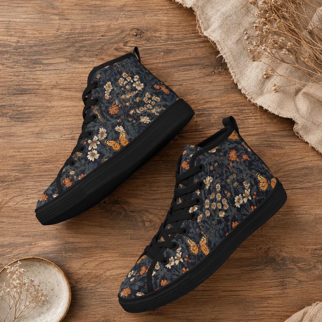 Butterfly Meadow Floral High Top Sneakers, Navy Cottagecore Canvas Shoes