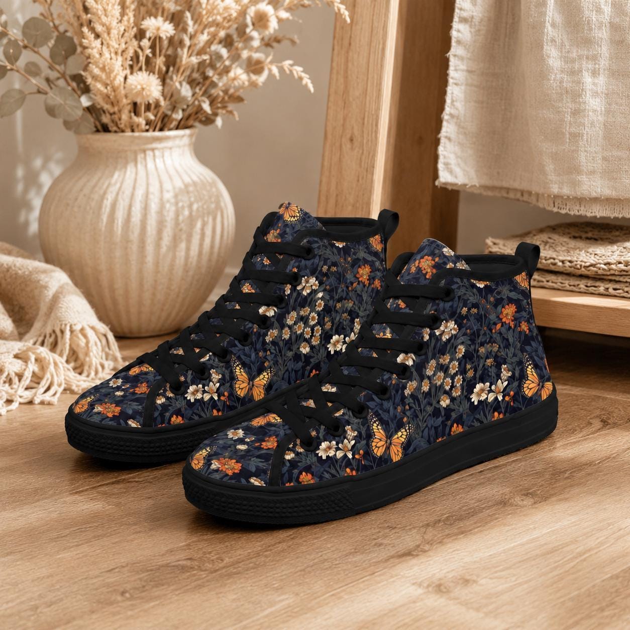 Butterfly Meadow Floral High Top Sneakers, Navy Cottagecore Canvas Shoes