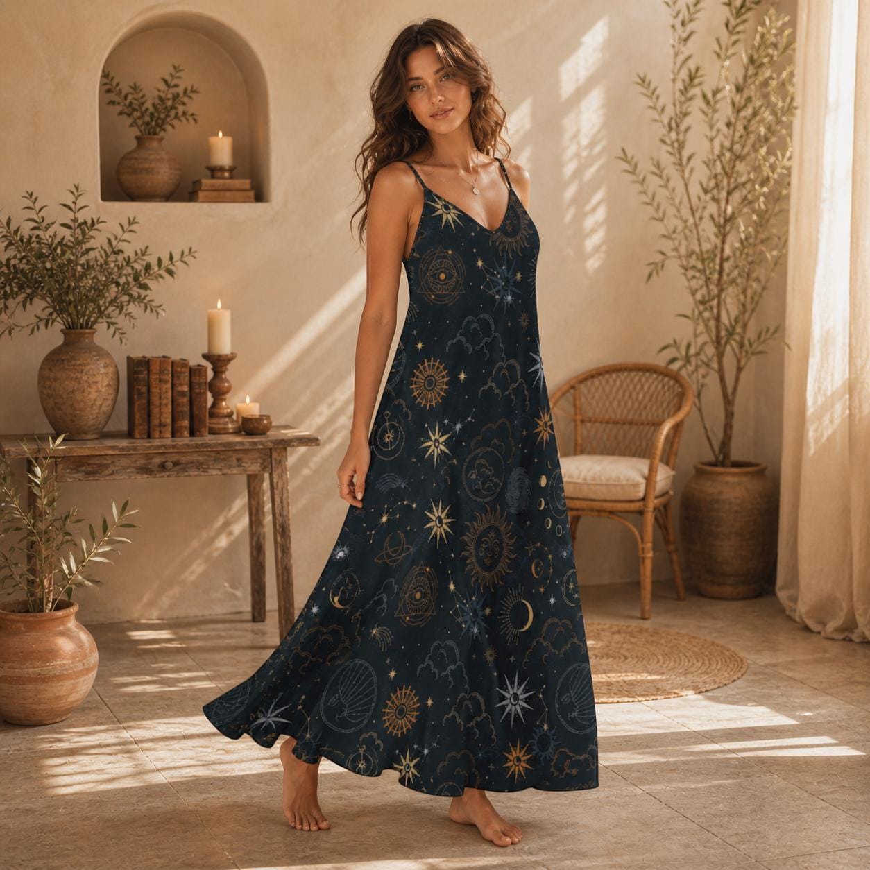 Celestial Sun Moon Dress, Black Astrology Maxi Dress, Starry Sky Spiritual Outfit