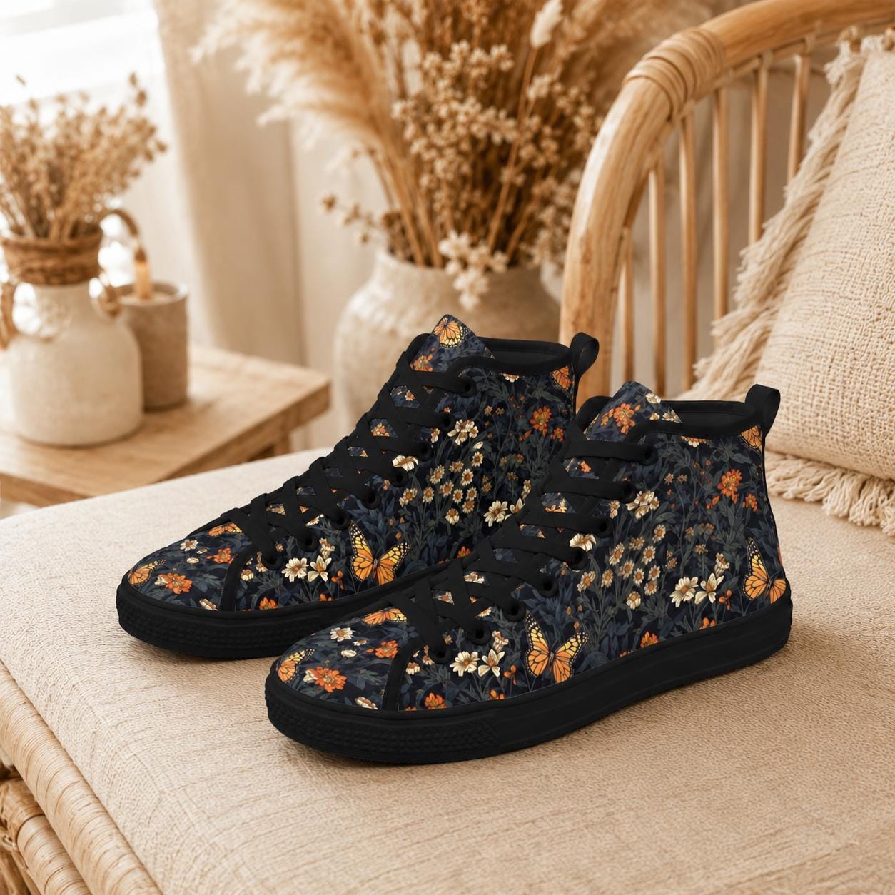 Butterfly Meadow Floral High Top Sneakers, Navy Cottagecore Canvas Shoes