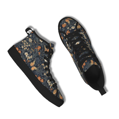 Butterfly Meadow Floral High Top Sneakers, Navy Cottagecore Canvas Shoes