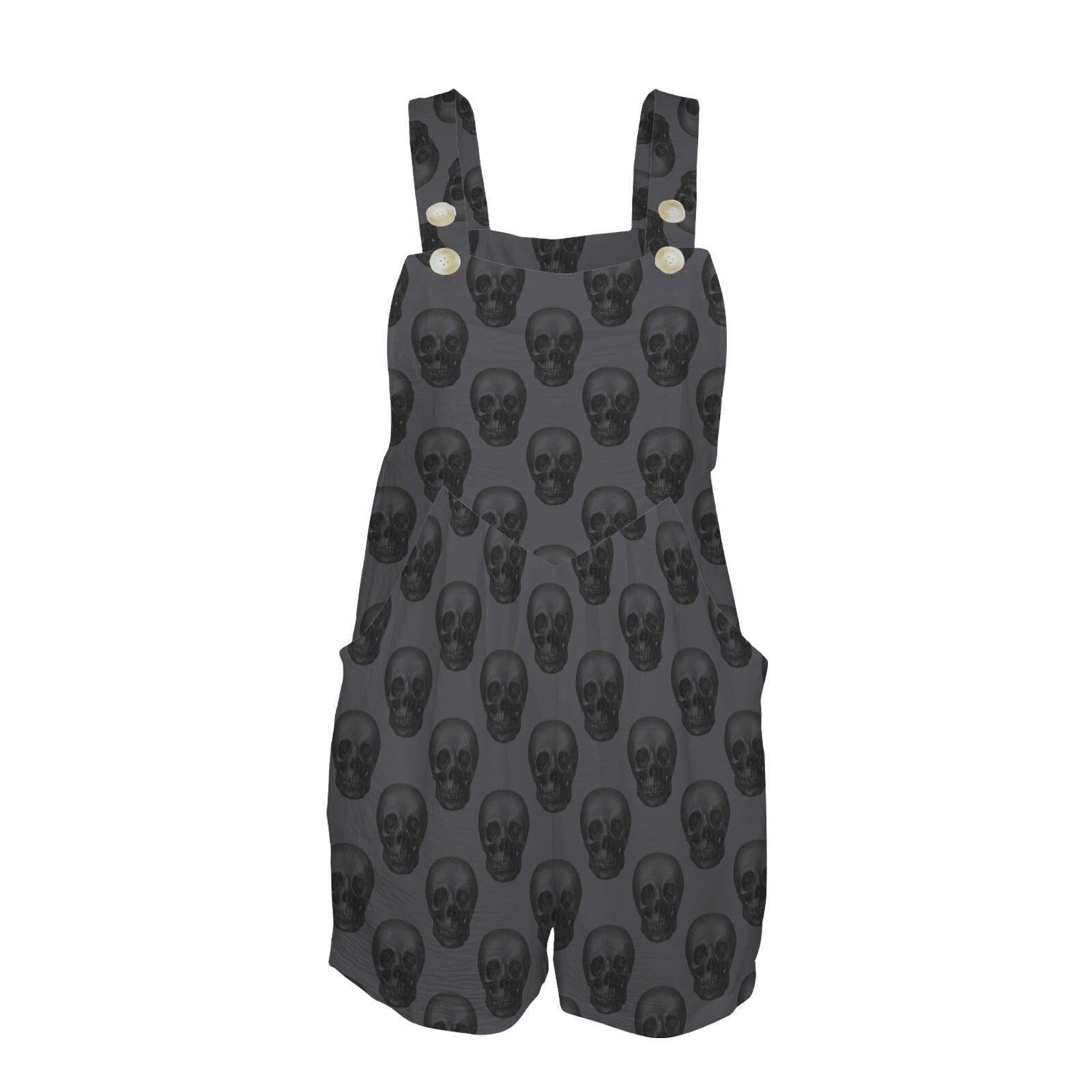Gothic Skull Overall Romper, Dark Gray Sleeveless Jumpsuit, Alternative Summer Outfit