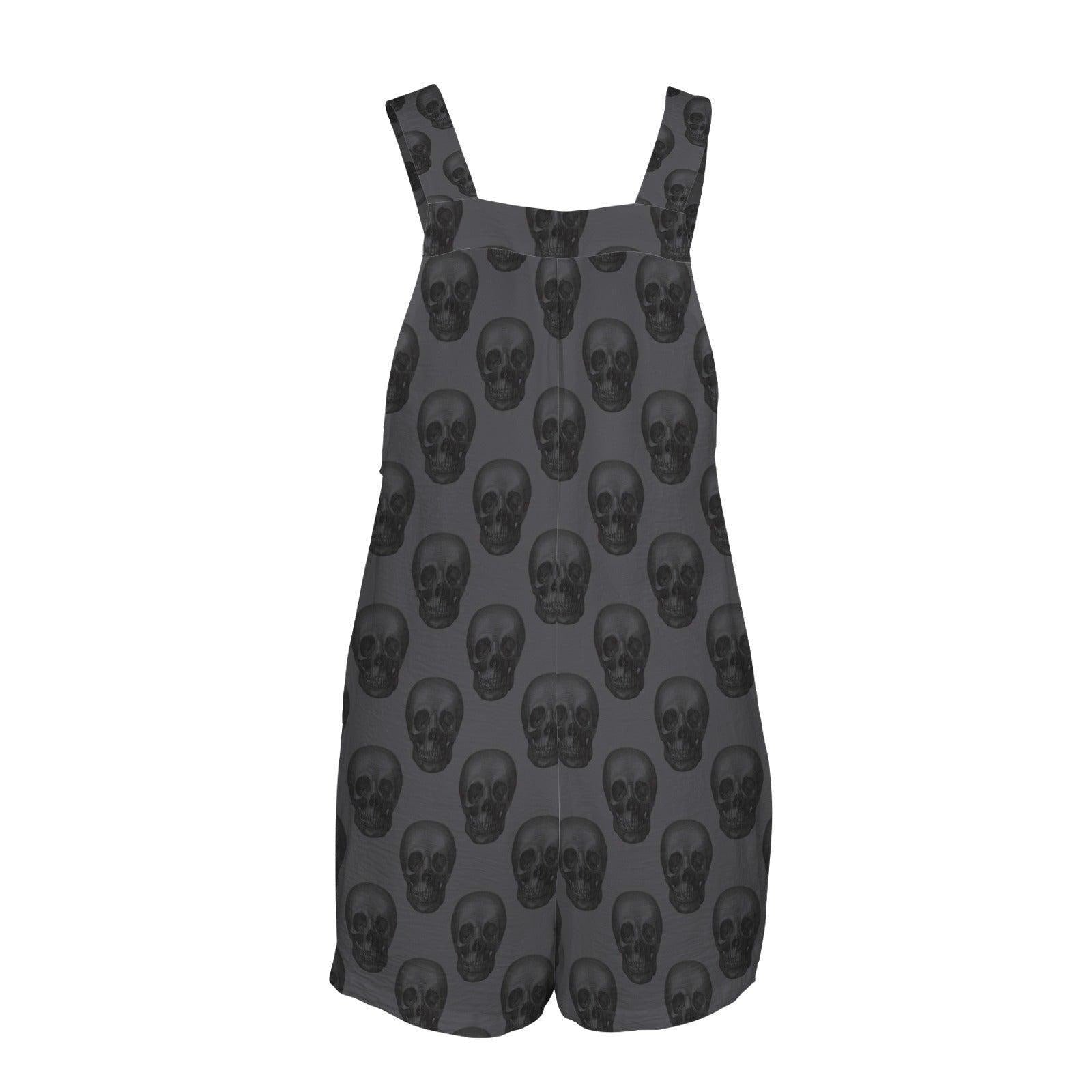 Gothic Skull Overall Romper, Dark Gray Sleeveless Jumpsuit, Alternative Summer Outfit