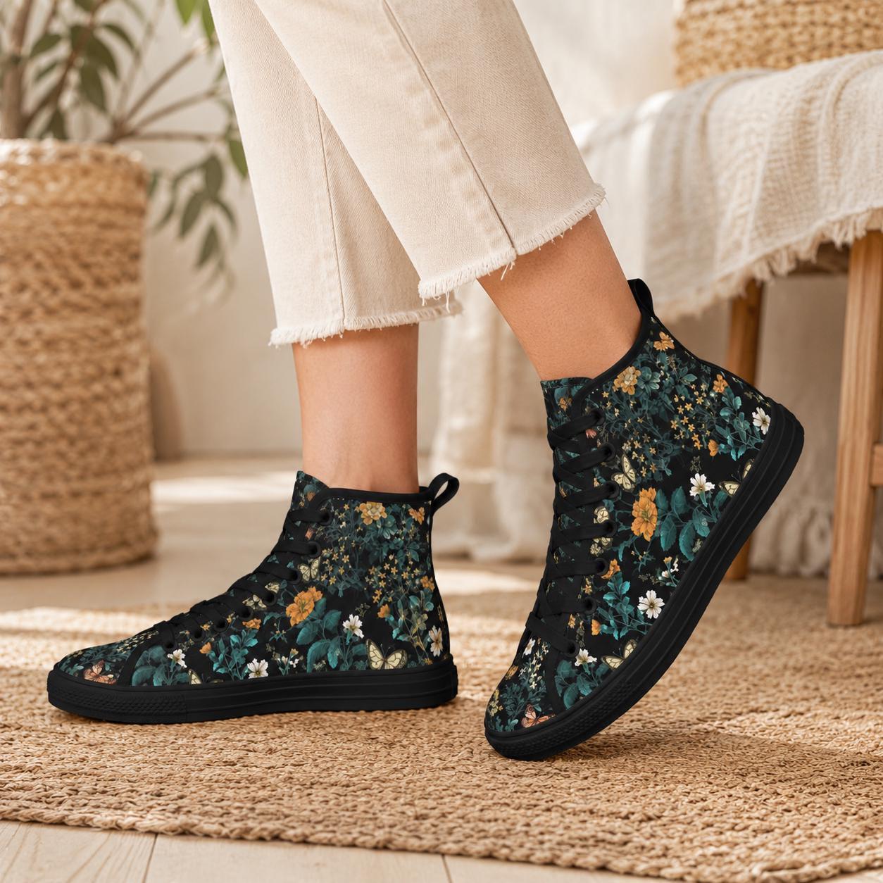 Dark Floral High Top Sneakers, Botanical Print Canvas Lace Up Shoes