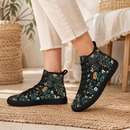 Dark Floral High Top Sneakers, Botanical Print Canvas Lace Up Shoes