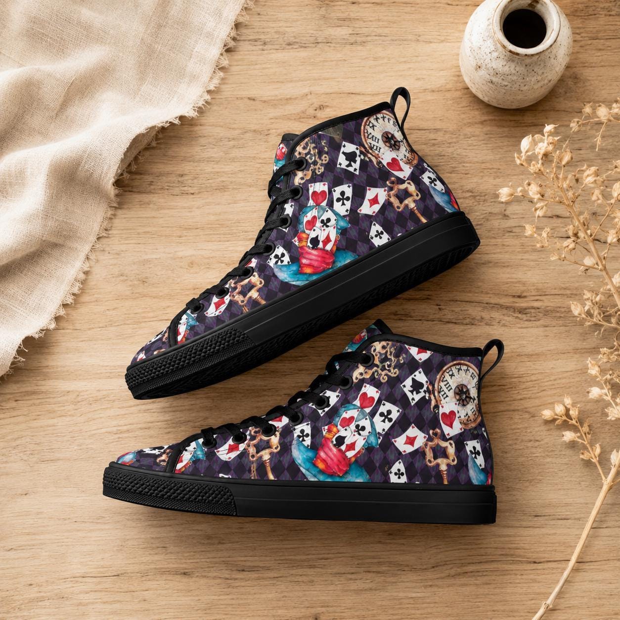 Playing Card High Top Sneakers, Wonderland Whimsical Canvas Shoes, Queen Hearts Lace Up