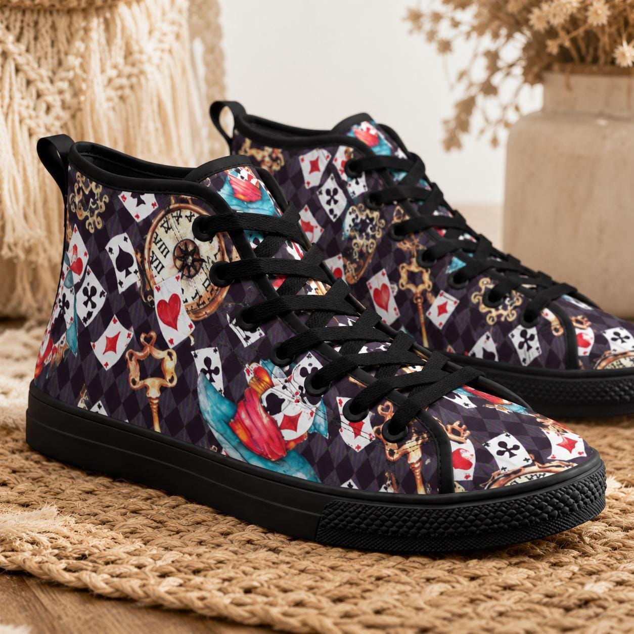 Playing Card High Top Sneakers, Wonderland Whimsical Canvas Shoes, Queen Hearts Lace Up