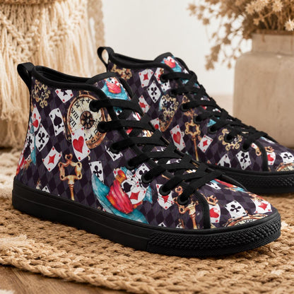 Playing Card High Top Sneakers, Wonderland Whimsical Canvas Shoes, Queen Hearts Lace Up