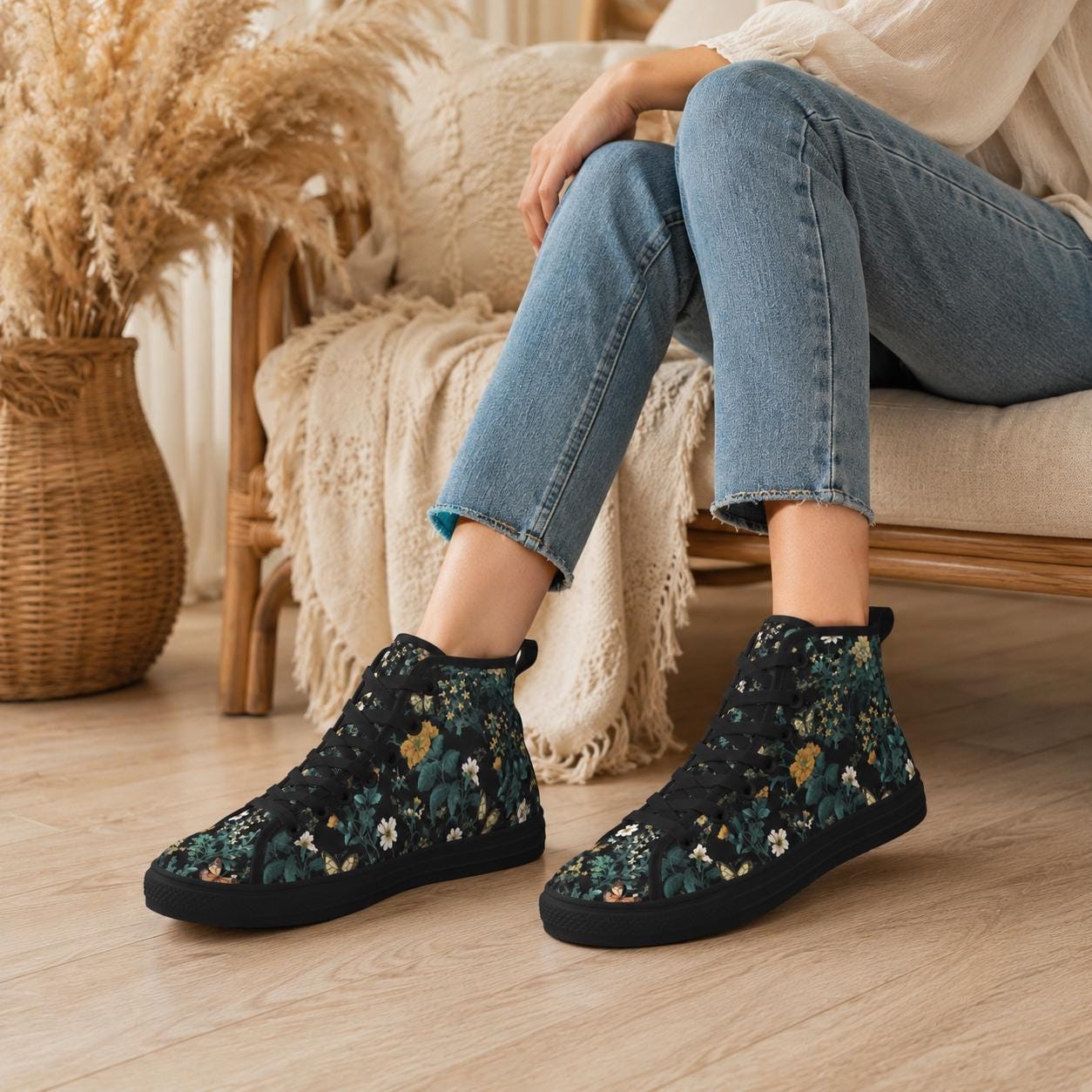 Dark Floral High Top Sneakers, Botanical Print Canvas Lace Up Shoes