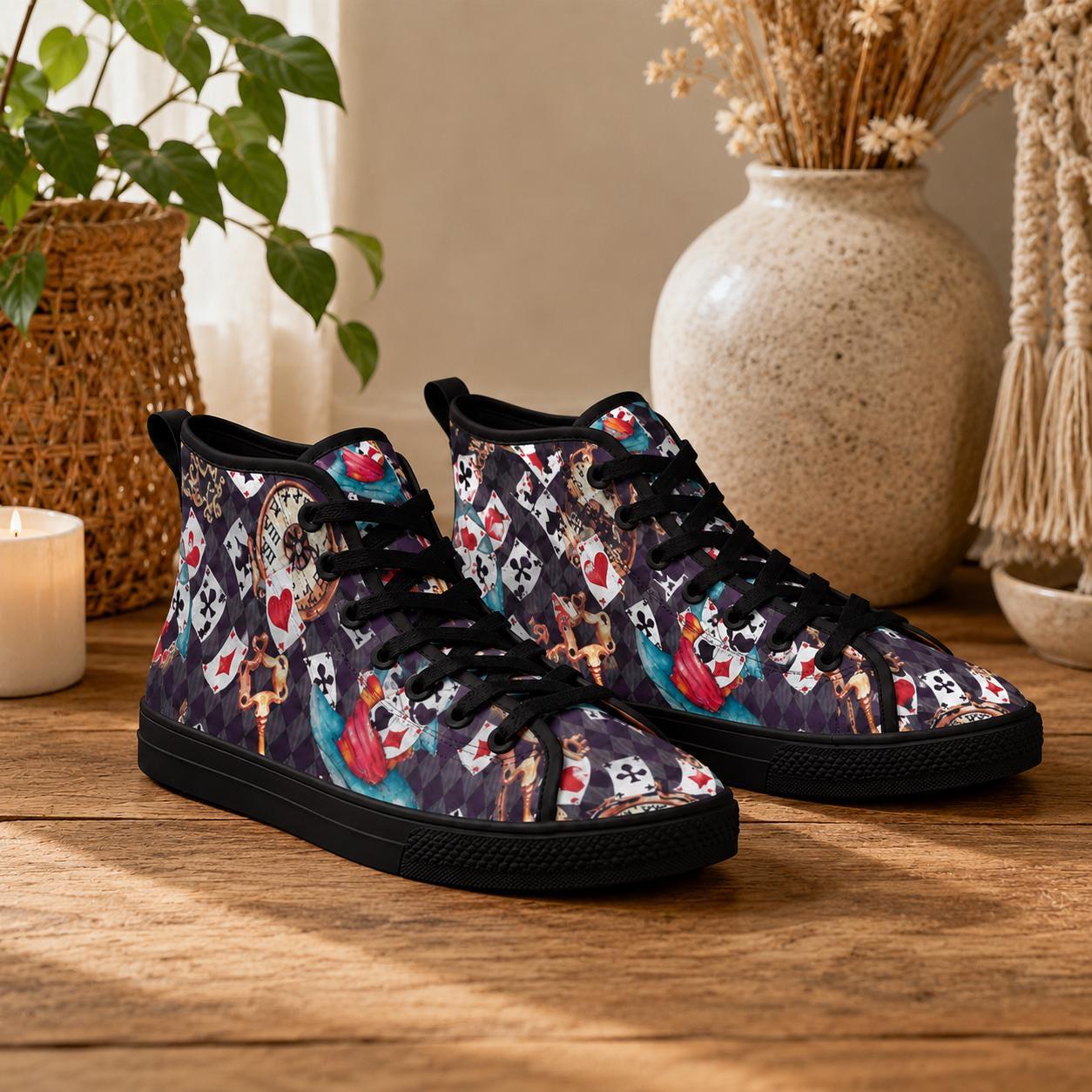 Playing Card High Top Sneakers, Wonderland Whimsical Canvas Shoes, Queen Hearts Lace Up