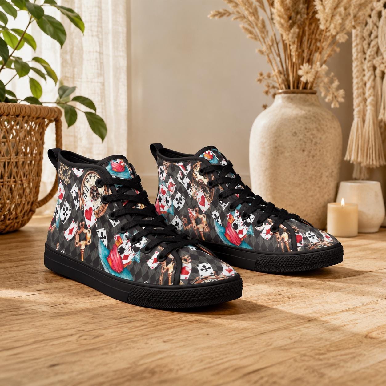 Playing Card High Top Sneakers, Wonderland Whimsical Canvas Shoes, Queen Hearts Lace Up