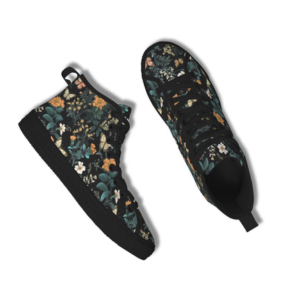 Dark Floral High Top Sneakers, Botanical Print Canvas Lace Up Shoes