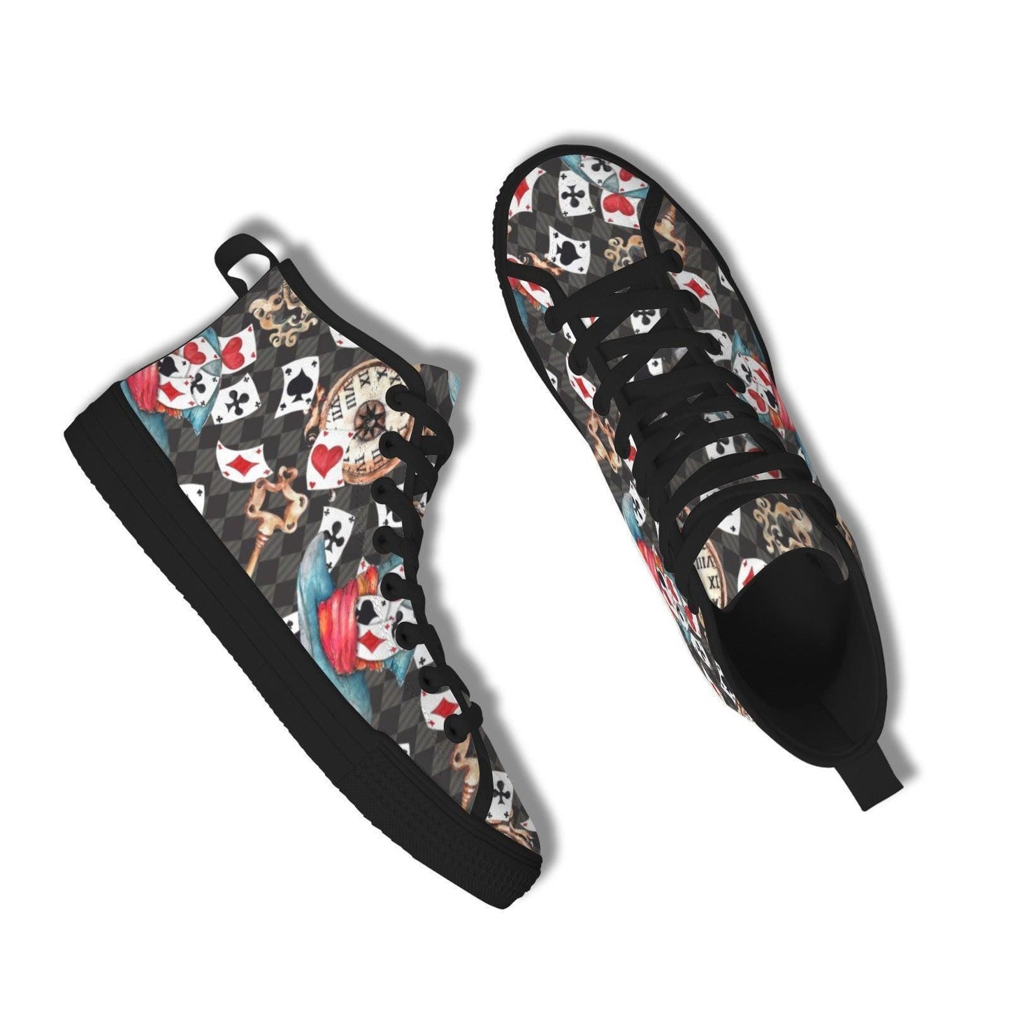 Playing Card High Top Sneakers, Wonderland Whimsical Canvas Shoes, Queen Hearts Lace Up