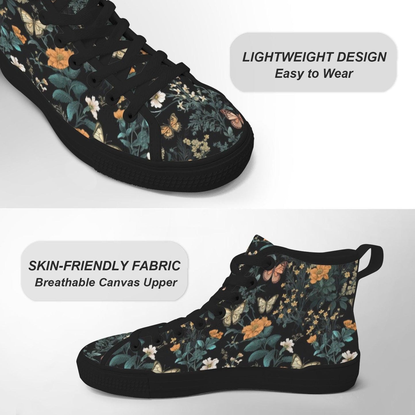 Dark Floral High Top Sneakers, Botanical Print Canvas Lace Up Shoes