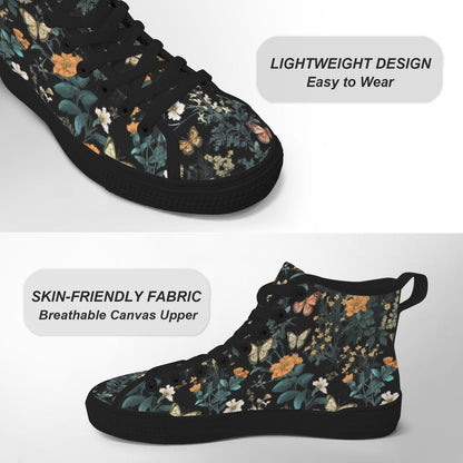 Dark Floral High Top Sneakers, Botanical Print Canvas Lace Up Shoes