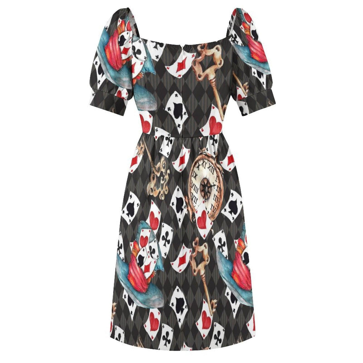 Wonderland Playing-Card Puff-Sleeve Mini Dress
