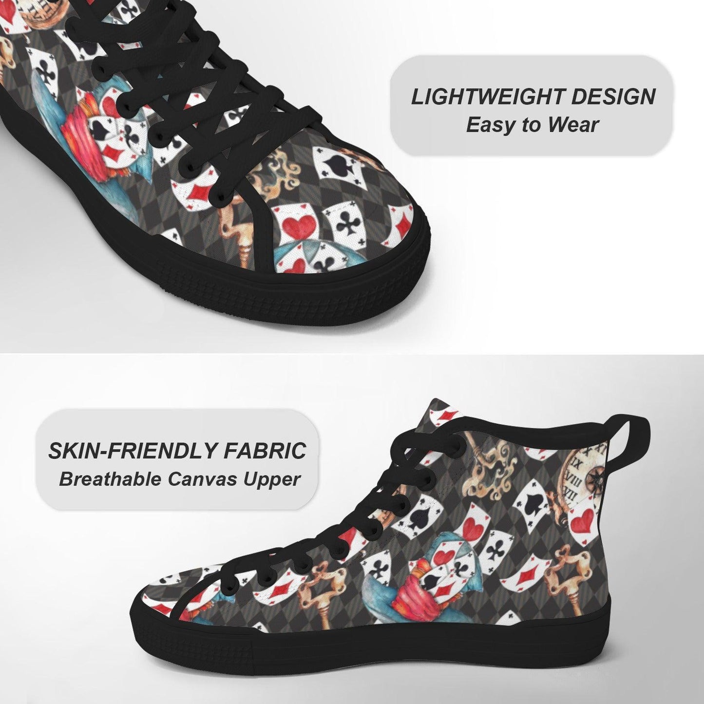 Playing Card High Top Sneakers, Wonderland Whimsical Canvas Shoes, Queen Hearts Lace Up