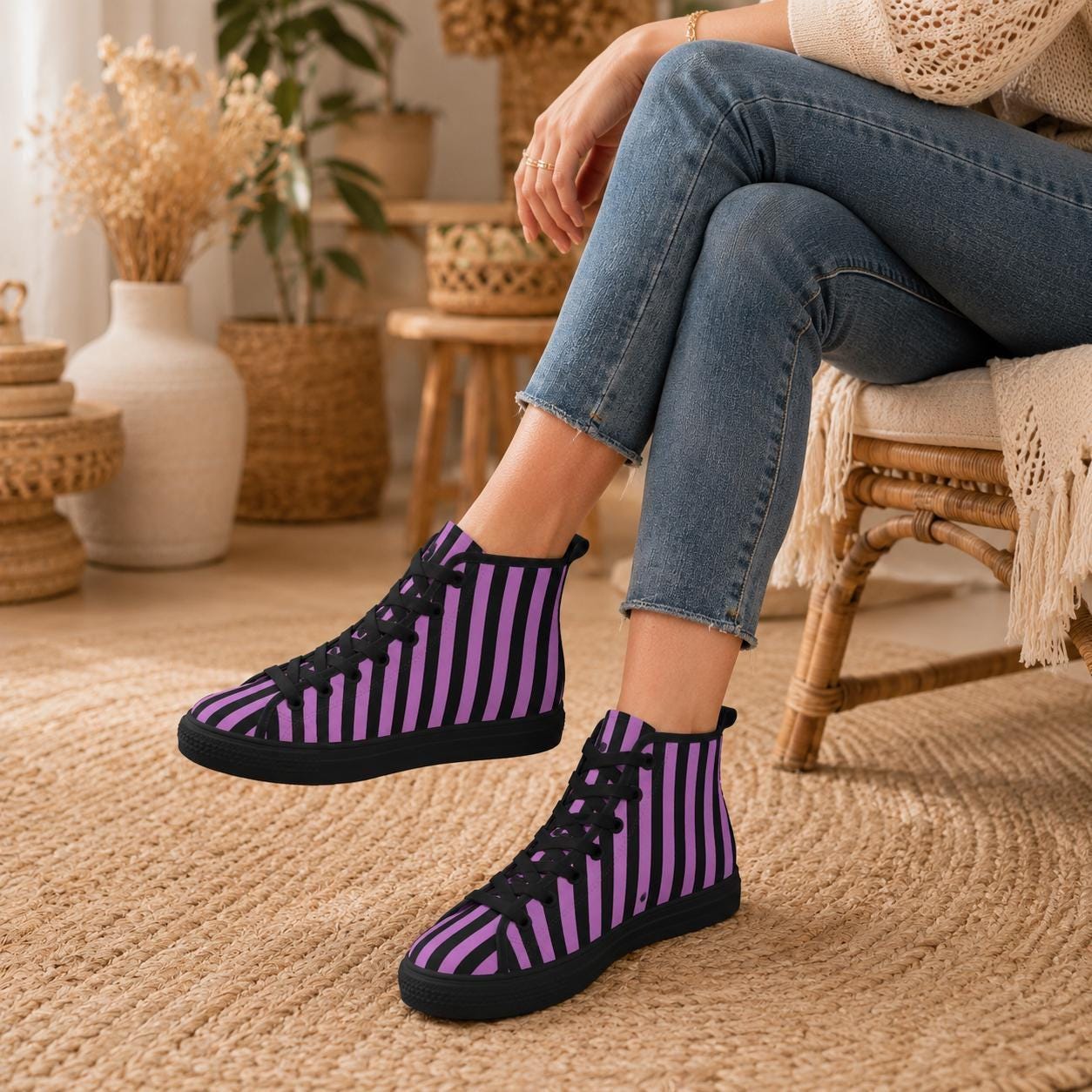 Purple Black Striped High Top Canvas Sneakers, Alt Streetwear Shoes