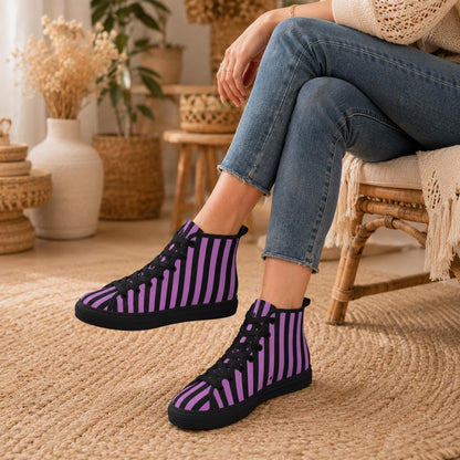 Purple Black Striped High Top Canvas Sneakers, Alt Streetwear Shoes