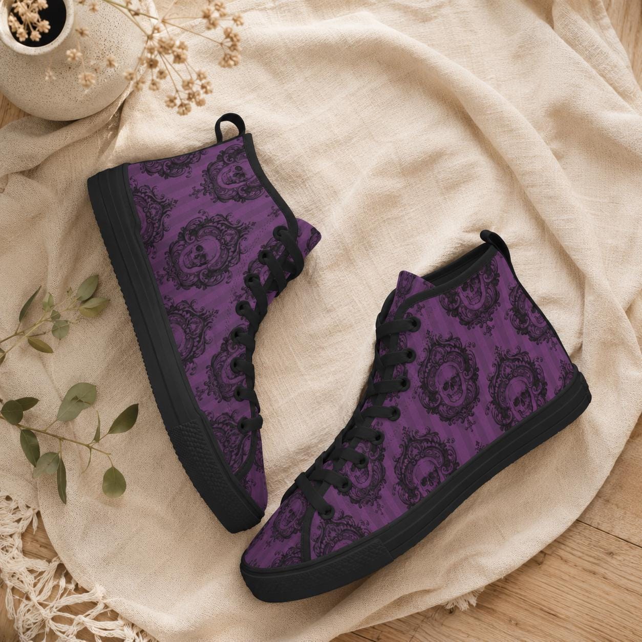 Purple Skull High Tops, Baroque Damask Print Lace Up Sneakers