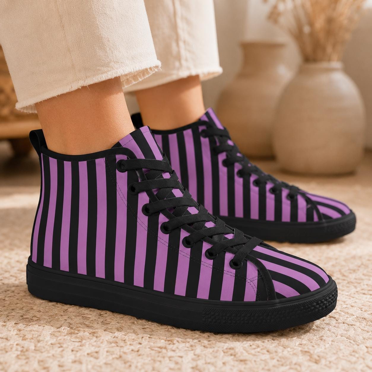 Purple Black Striped High Top Canvas Sneakers, Alt Streetwear Shoes