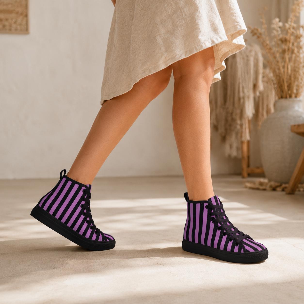Purple Black Striped High Top Canvas Sneakers, Alt Streetwear Shoes
