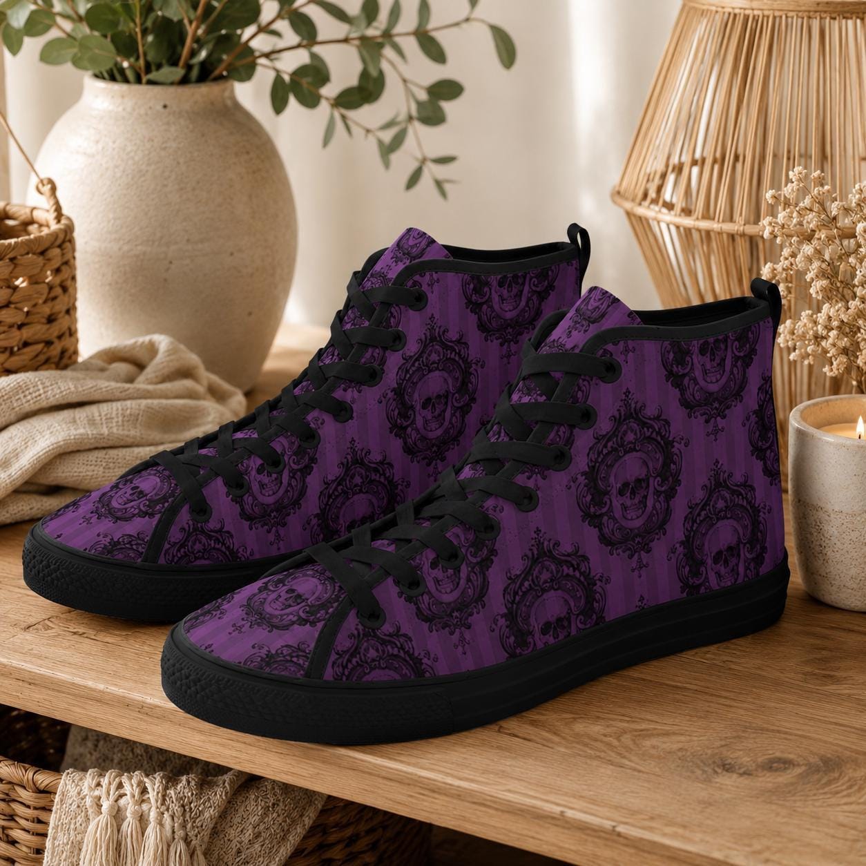 Purple Skull High Tops, Baroque Damask Print Lace Up Sneakers