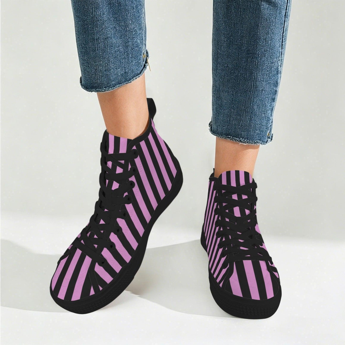 Purple Black Striped High Top Canvas Sneakers, Alt Streetwear Shoes