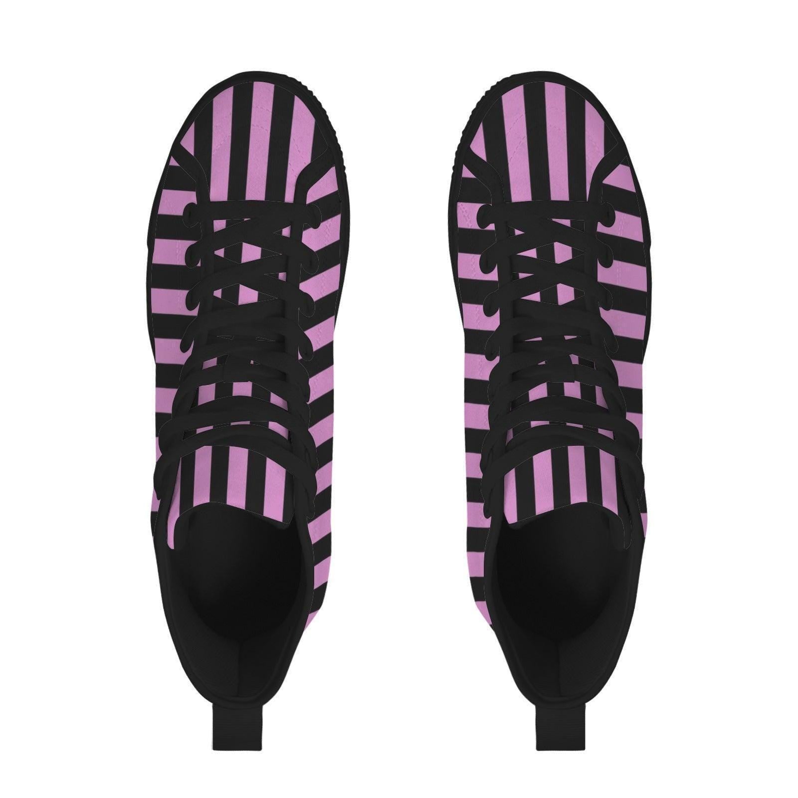 Purple Black Striped High Top Canvas Sneakers, Alt Streetwear Shoes