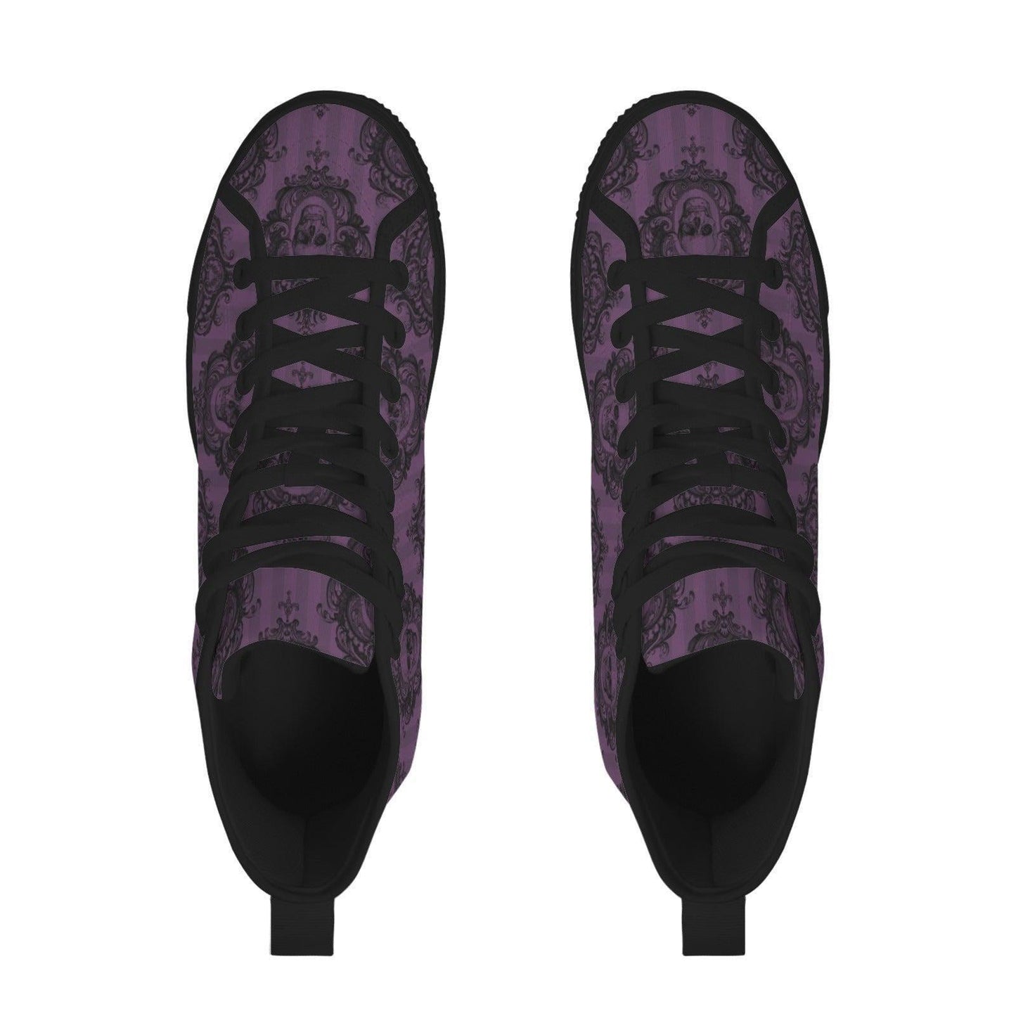 Purple Skull High Tops, Baroque Damask Print Lace Up Sneakers