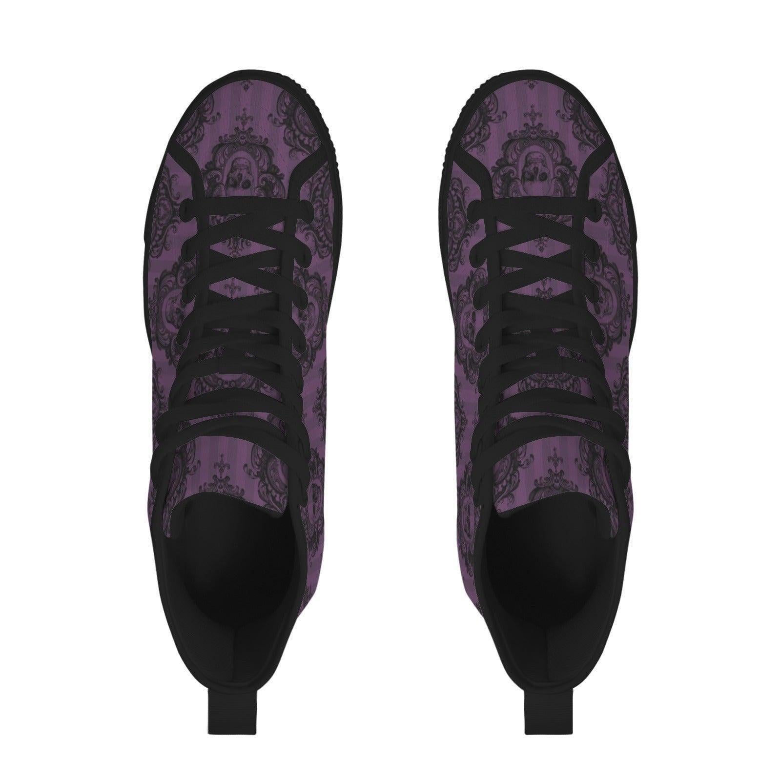 Purple Skull High Tops, Baroque Damask Print Lace Up Sneakers