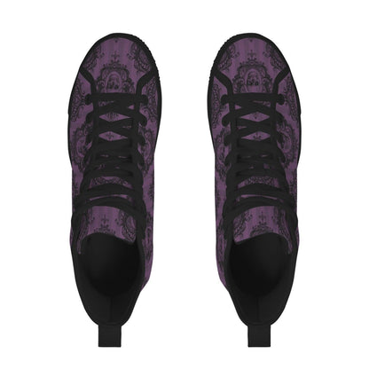 Purple Skull High Tops, Baroque Damask Print Lace Up Sneakers