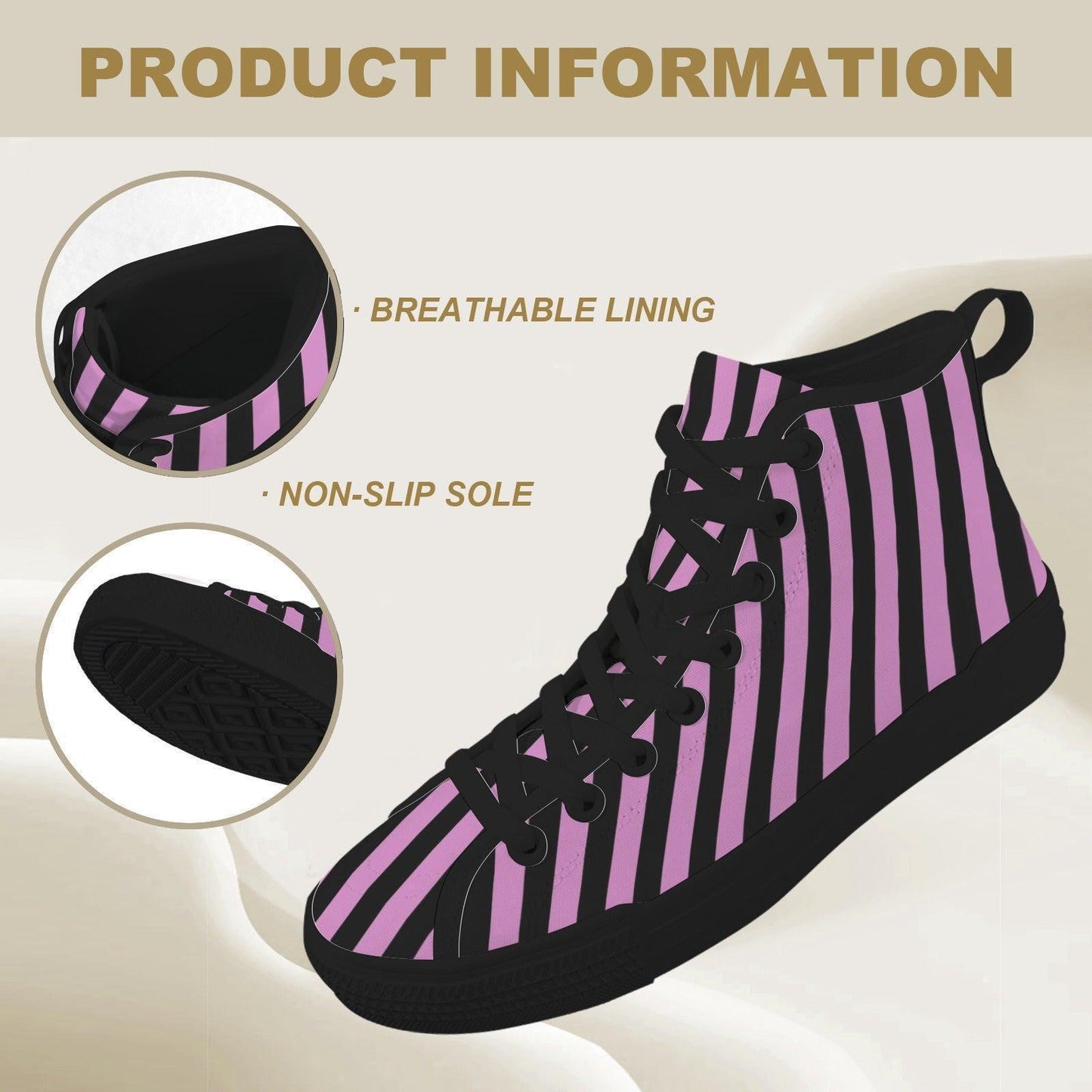 Purple Black Striped High Top Canvas Sneakers, Alt Streetwear Shoes