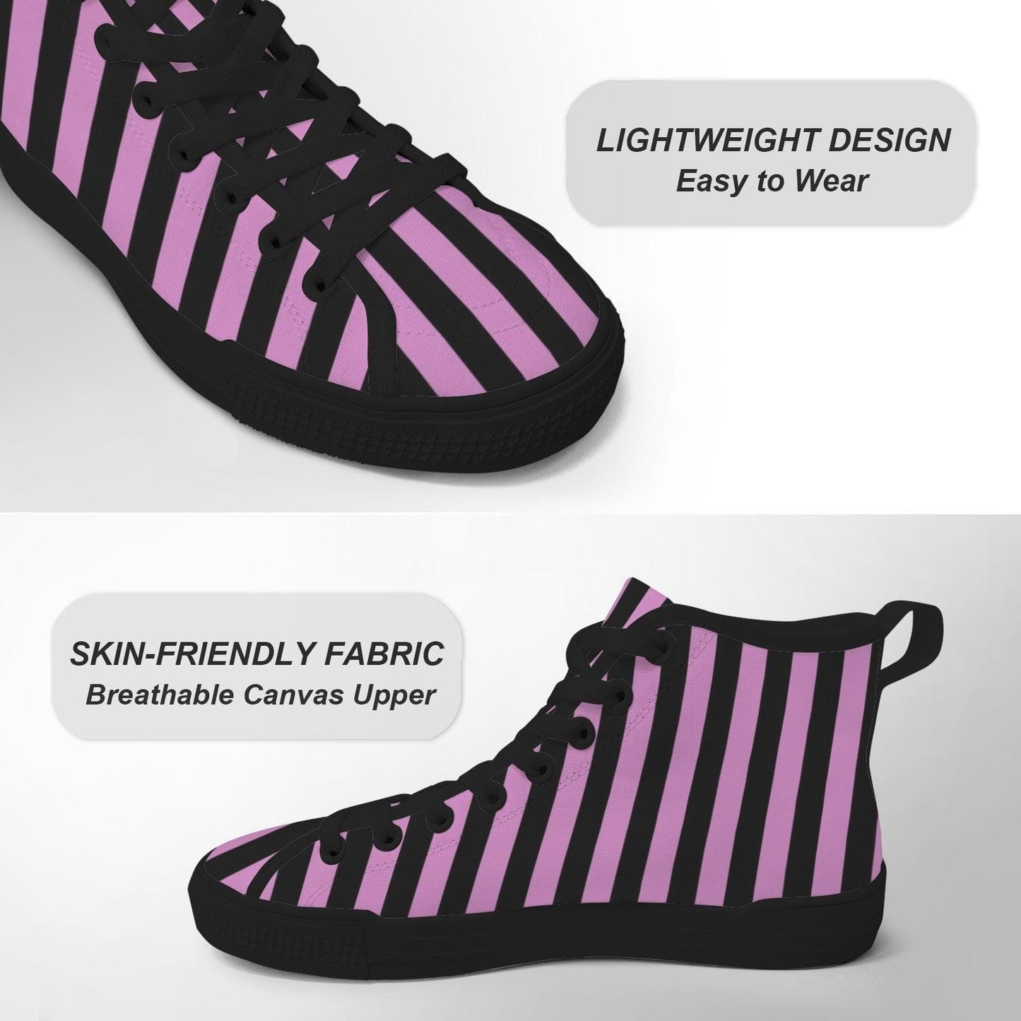 Purple Black Striped High Top Canvas Sneakers, Alt Streetwear Shoes