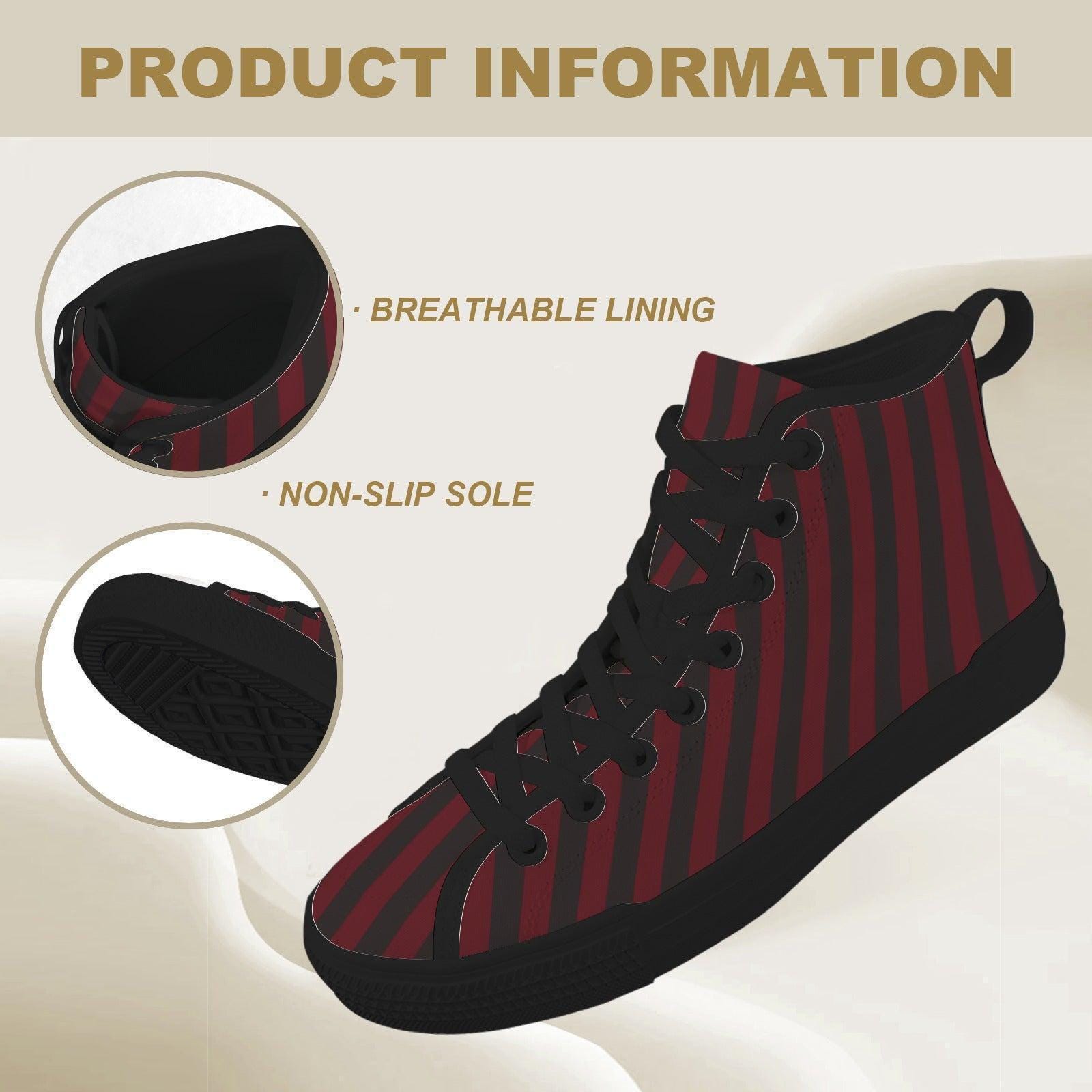 Burgundy Black Vertical Stripe High Tops, Dark Skater Canvas Sneakers