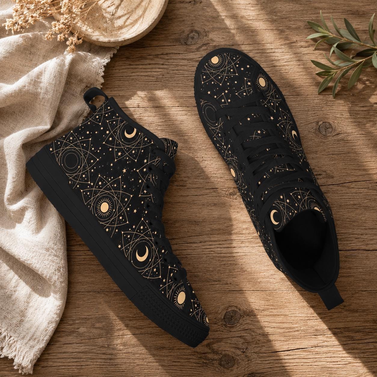 Celestial High Top Sneakers, Black Moon Phase, Astrology Star Print Lace Up Shoes