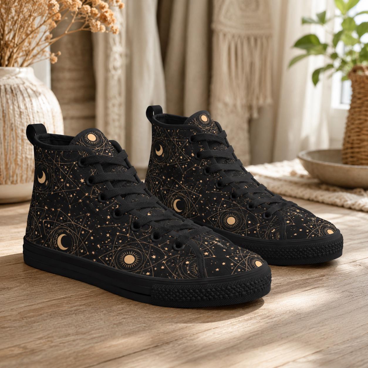 Celestial High Top Sneakers, Black Moon Phase, Astrology Star Print Lace Up Shoes