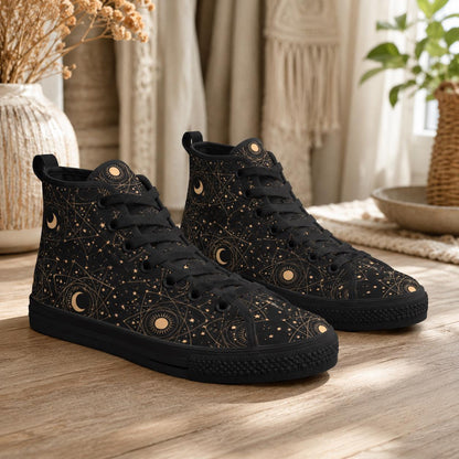 Celestial High Top Sneakers, Black Moon Phase, Astrology Star Print Lace Up Shoes