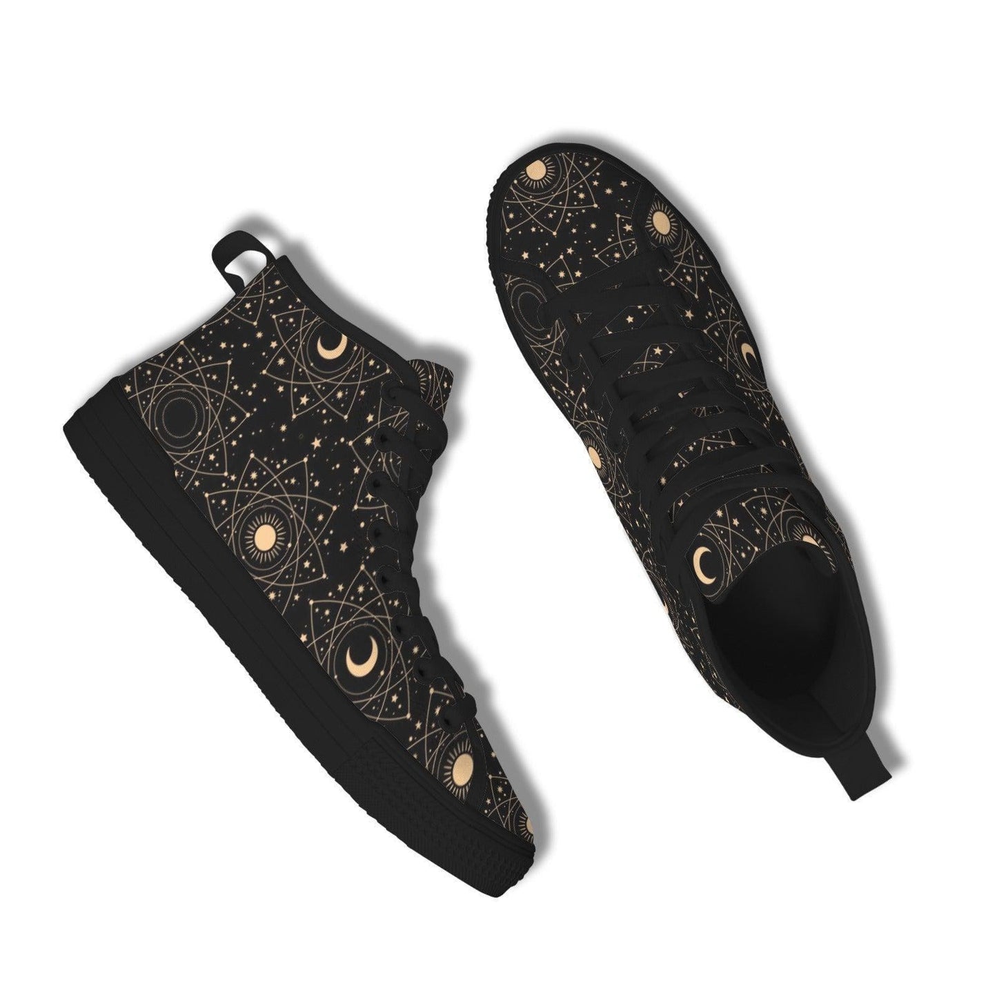 Celestial High Top Sneakers, Black Moon Phase, Astrology Star Print Lace Up Shoes